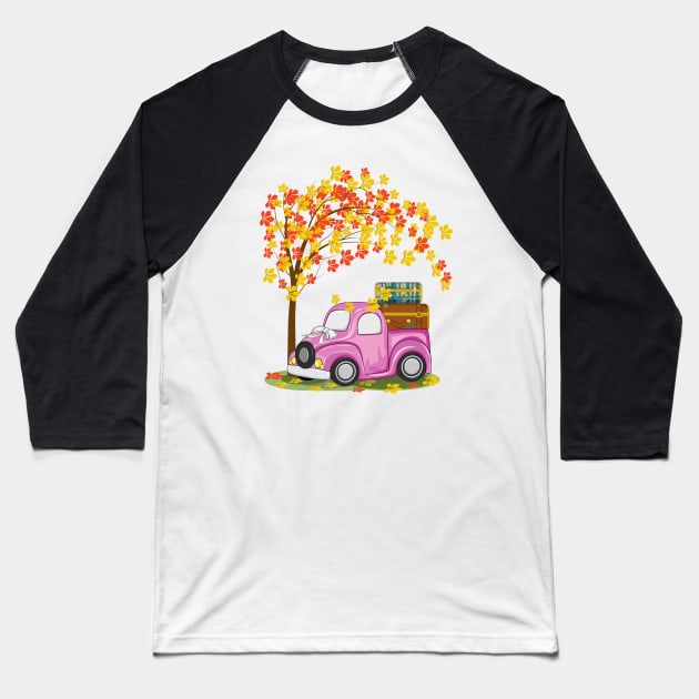 Vintage Car And Autumn Tree Art Baseball T-Shirt by Designoholic